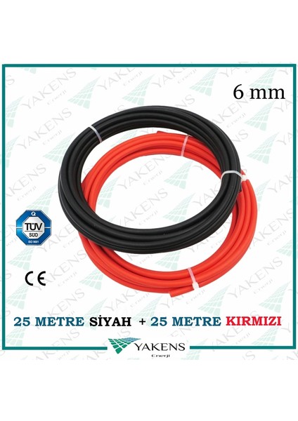 Solar Kablo (25M+25M) 6 mm Güneş Paneli Kablo Seti Siyah Kırmızı fiyatları