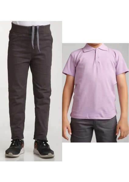 Unisex Çocuk Ribana Bel Keten Füme Okul Pantolonu + Polo Yaka Kısa Kol T-Shirt