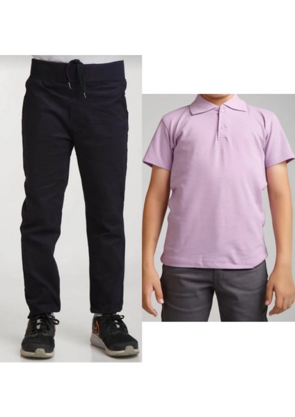 Unisex Çocuk Ribana Bel Keten Siyah Okul Pantolonu + Polo Yaka Kısa Kol T-Shirt
