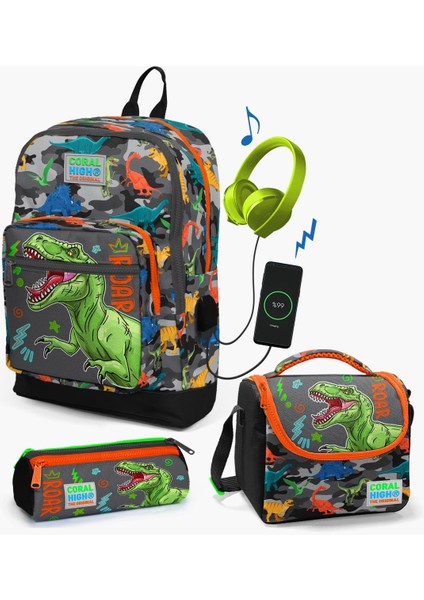 Çanta Coral High Kids Siyah Gri Dinozor Desenli Usb'li 3’lü Okul Çanta Seti Set 23844