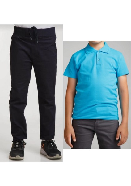 Unisex Çocuk Ribana Bel Keten Siyah Okul Pantolonu + Polo Yaka Kısa Kol T-Shirt
