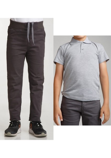 Unisex Çocuk Ribana Bel Keten Füme Okul Pantolonu + Polo Yaka Kısa Kol T-Shirt