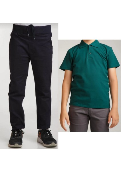 Unisex Çocuk Ribana Bel Keten Siyah Okul Pantolonu + Polo Yaka Kısa Kol T-Shirt