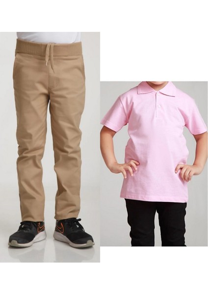 Unisex Çocuk Ribana Bel Keten Bej Okul Pantolonu + Polo Yaka Kısa Kol T-Shirt