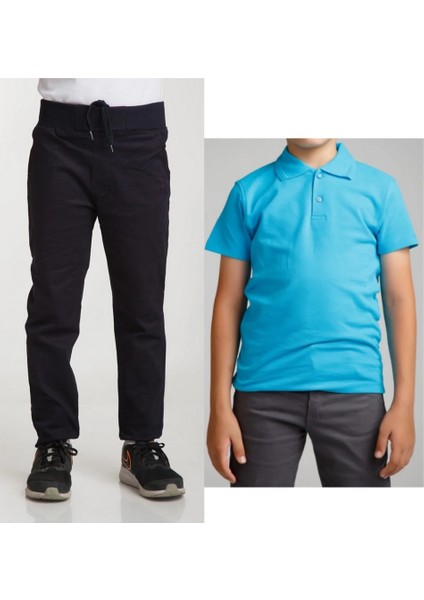 Unisex Çocuk Ribana Bel Keten Lacivert Okul Pantolonu + Polo Yaka Kısa Kol T-Shirt