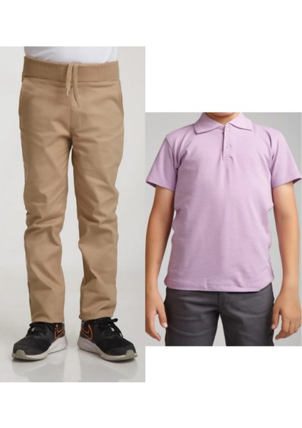 Unisex Çocuk Ribana Bel Keten Bej Okul Pantolonu + Polo Yaka Kısa Kol T-Shirt