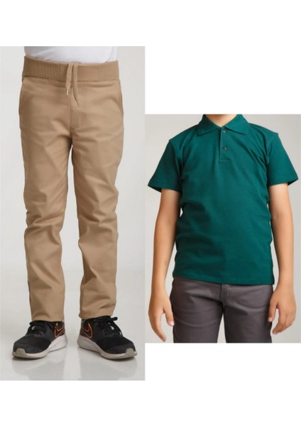 Unisex Çocuk Ribana Bel Keten Bej Okul Pantolonu + Polo Yaka Kısa Kol T-Shirt