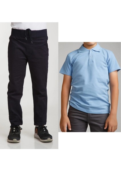 Unisex Çocuk Ribana Bel Keten Lacivert Okul Pantolonu + Polo Yaka Kısa Kol T-Shirt