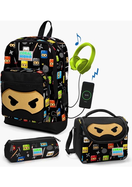Çanta Coral High Kids Siyah Ninja Desenli Usb'li 3’lü Okul Çanta Seti Set 23285