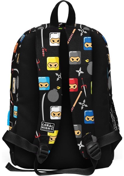 Çanta Coral High Kids Siyah Ninja Desenli Usb'li 3’lü Okul Çanta Seti Set 23285