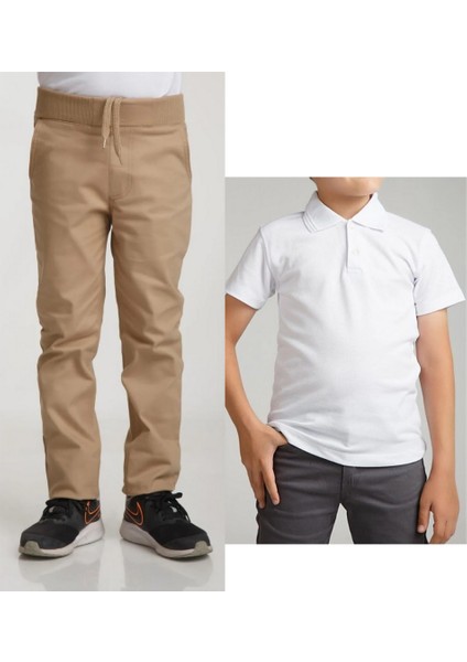 Unisex Çocuk Ribana Bel Keten Bej Okul Pantolonu + Polo Yaka Kısa Kol T-Shirt