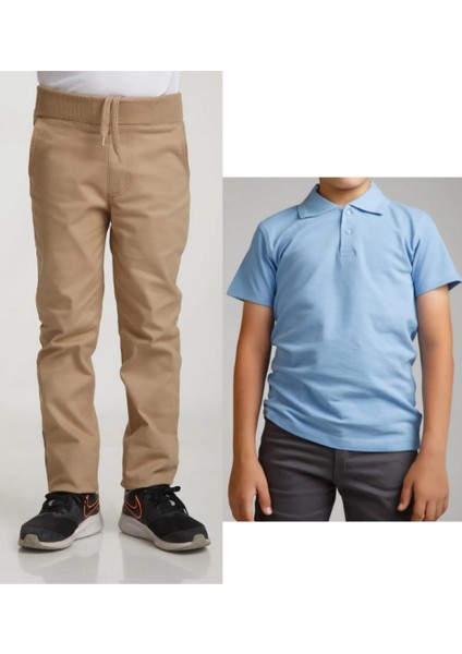Unisex Çocuk Ribana Bel Keten Bej Okul Pantolonu + Polo Yaka Kısa Kol T-Shirt