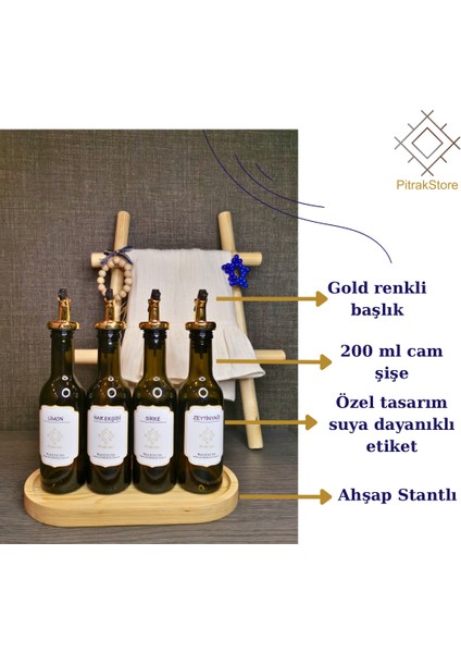 Pitrak Store Pitrakstore Stantlı Yeşil 4'lü 200ML Zeytinyağı Nar Ekşisi Limon Sirke Şişesi Yağdanlık Seti Gold