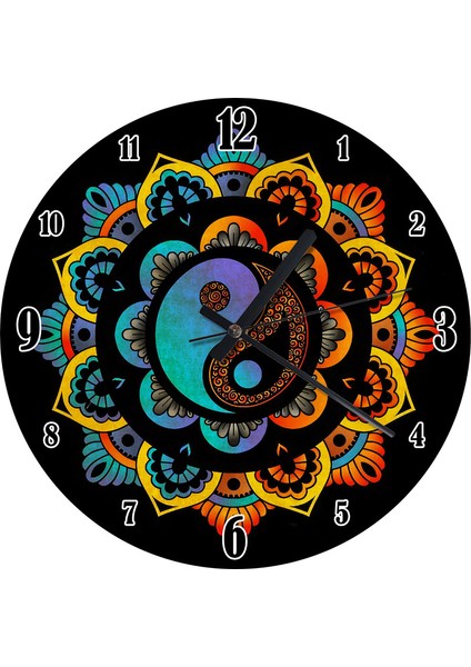 Yin Yang ve Çiçekler Desenli Duvar Saati