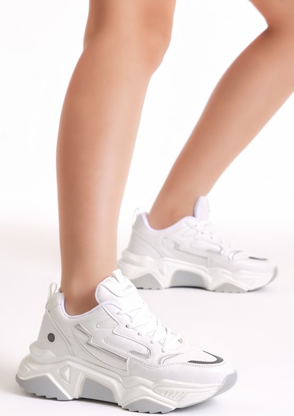 Kadın Beyaz Poli Taban Yanı Şerit Detaylı Yüksek Taban Sneaker