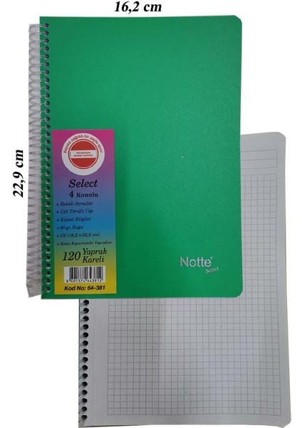 Pp Orta Boy Spralli Defter 120 Yaprak Kareli 1 Adet 4 Bölümlü Kareli 120 Yaprak Plastik Kapak Spralli Defter