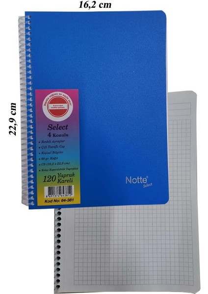 Pp Orta Boy Spralli Defter 120 Yaprak Kareli 1 Adet 4 Bölümlü Kareli 120 Yaprak Plastik Kapak Spralli Defter