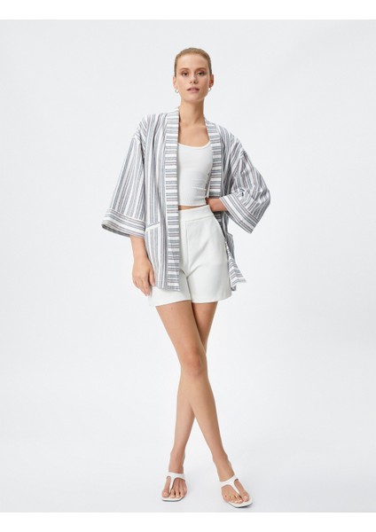 Keten Karışımlı Kimono Cep Detaylı Yarım Kollu