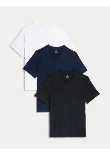 Saf Pamuklu 3'lü V Yaka T-Shirt