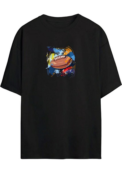 Amerikan Futbol Topu Baskılı Siyah Oversize Tshirt