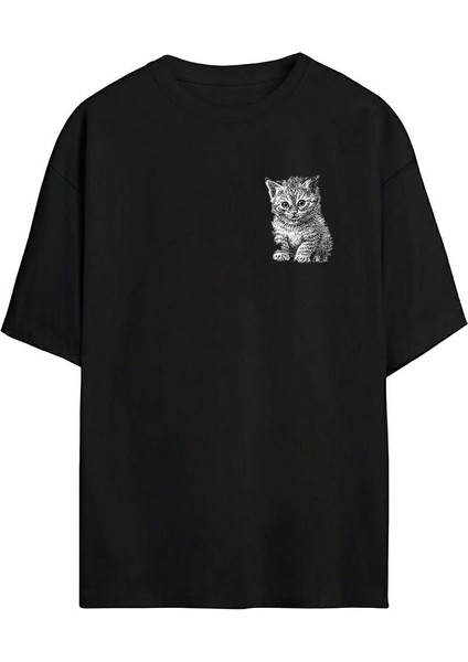 Yavru Kedi Çizimi Baskılı Siyah Oversize Tshirt