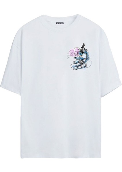 Grafiti Mikroskop Baskılı Beyaz Oversize Tshirt