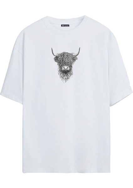 Iskoç Sığır Baskılı Beyaz Oversize Tshirt
