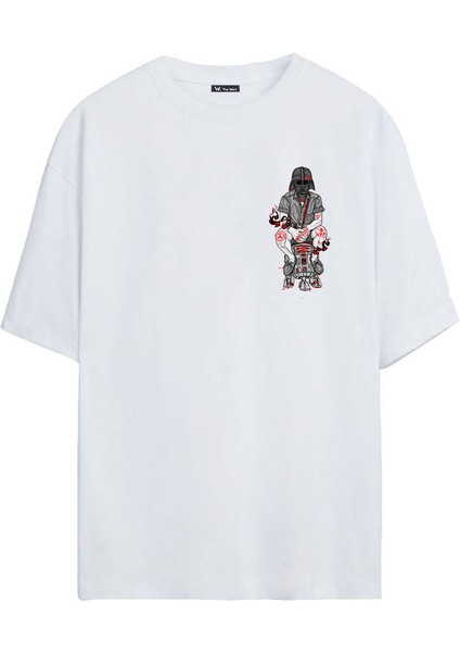 Darth Vader Maskesi Baskılı Beyaz Oversize Tshirt