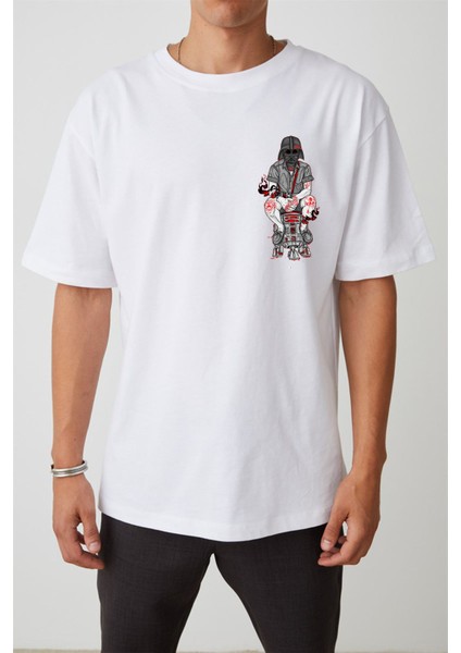 Darth Vader Maskesi Baskılı Beyaz Oversize Tshirt