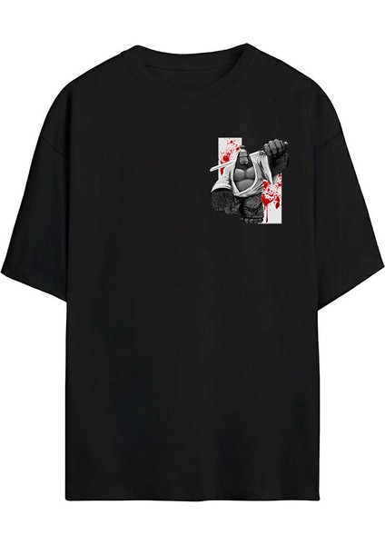 Goril Samuray Baskılı Siyah Oversize Tshirt