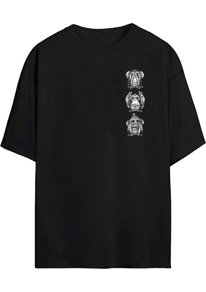 Üç Bilge Maymun Baskılı Siyah Oversize Tshirt