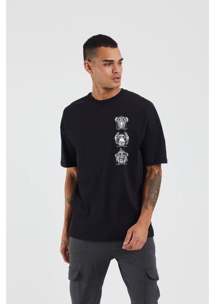 Üç Bilge Maymun Baskılı Siyah Oversize Tshirt