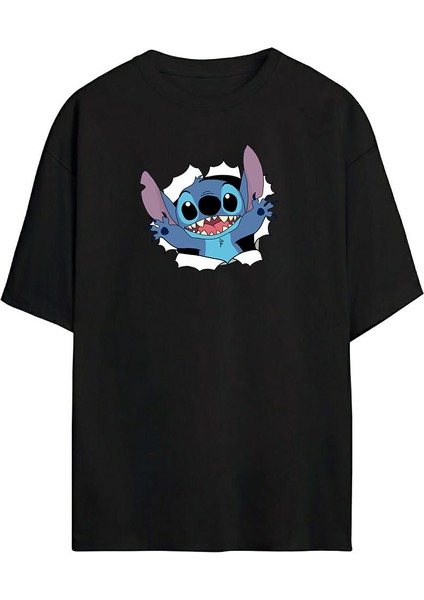 Stitch Baskılı Siyah Oversize Tshirt