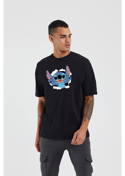 Stitch Baskılı Siyah Oversize Tshirt fiyatları