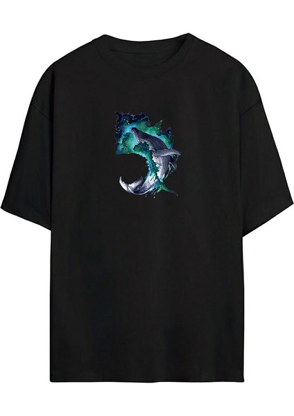 Balina Baskılı Siyah Oversize Tshirt
