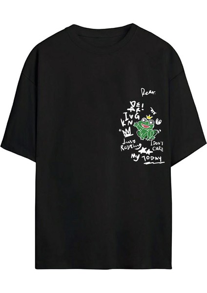Kral Kurbağa Baskılı Siyah Oversize Tshirt