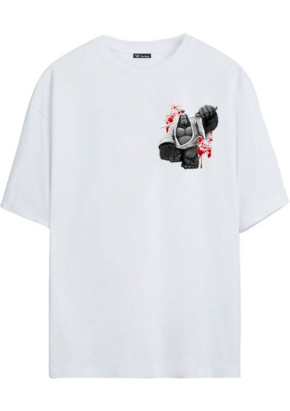 Goril Samuray Baskılı Beyaz Oversize Tshirt