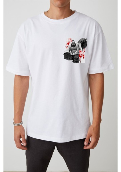Goril Samuray Baskılı Beyaz Oversize Tshirt fiyatları