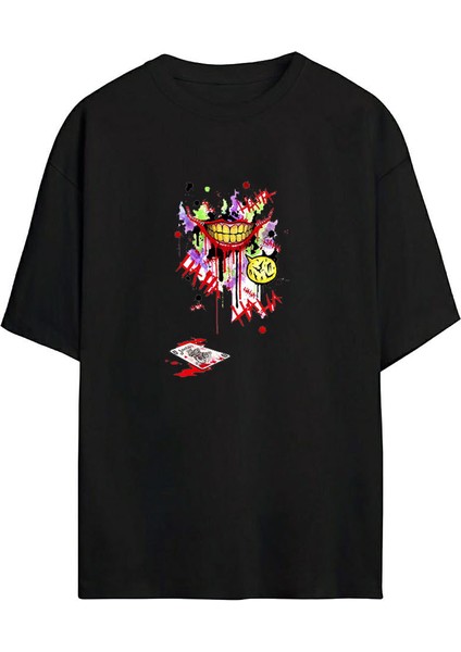 Joker Smile Baskılı Siyah Oversize Tshirt