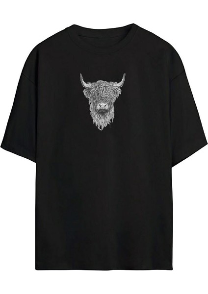 Iskoç Sığır Baskılı Siyah Oversize Tshirt