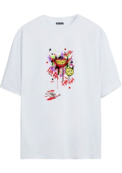 Joker Smile Baskılı Beyaz Oversize Tshirt
