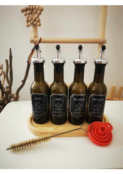 Pitrak Store Pitrakstore Stant,huni,şişe Fırçası,4'lü 200ML Zeytinyağı,nar Ekşisi,limon,sirke Şişe Yağdanlık Set