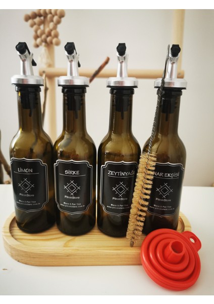 Pitrak Store Pitrakstore Stant,huni,şişe Fırçası,4'lü 200ML Zeytinyağı,nar Ekşisi,limon,sirke Şişe Yağdanlık Set