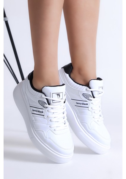 Kadın Beyaz Siyah Poli Taban Yanı Şeritli Bağcıklı Sneaker modelleri