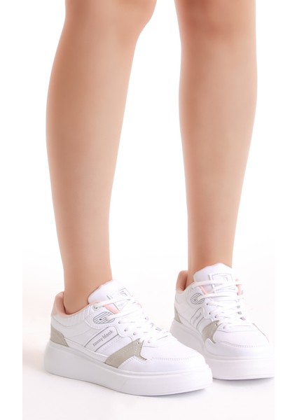 Kadın Beyaz Gri Poli Taban Yanı Şeritli Bağcıklı Sneaker