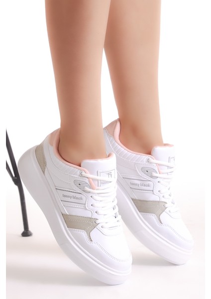 Kadın Beyaz Gri Poli Taban Yanı Şeritli Bağcıklı Sneaker modelleri