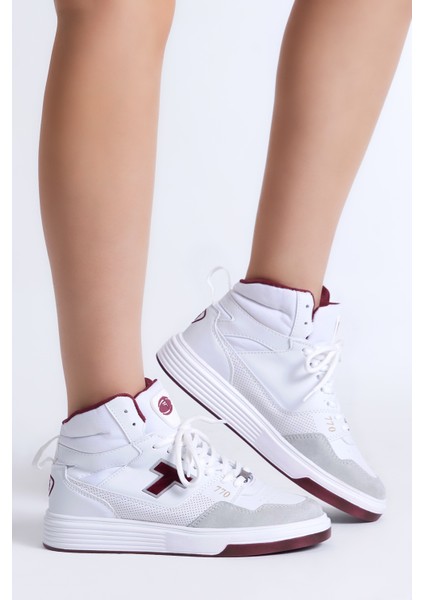 Unisex Beyaz Bordo Rahat Kalıp Poli Taban Bağcıklı Uzun Sneaker