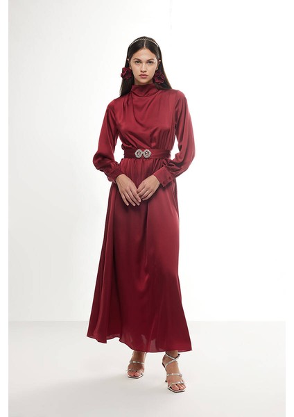 Bordo Taşlı Saten Elbise