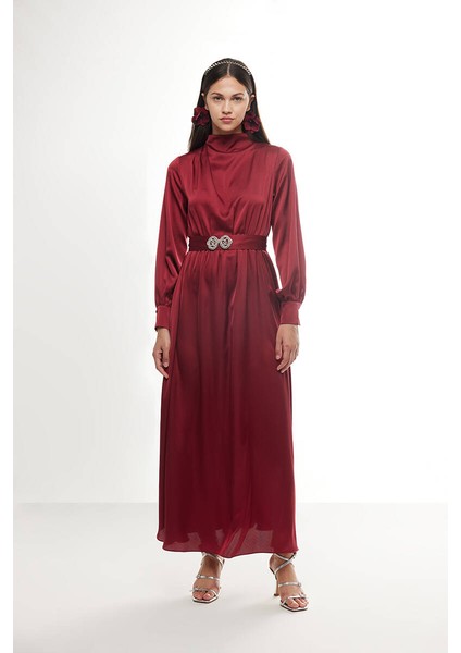 Bordo Taşlı Saten Elbise