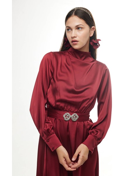 Bordo Taşlı Saten Elbise